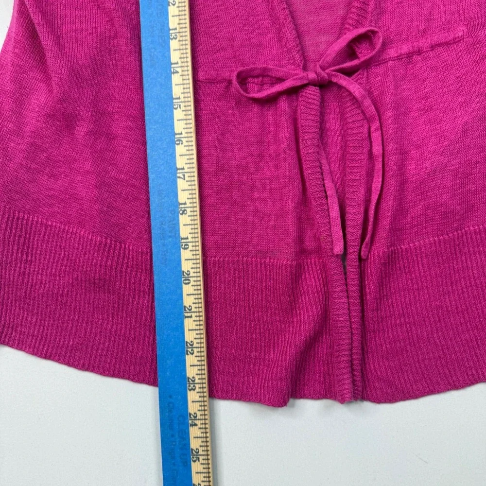 Eileen Fisher Linen Tie Front Cardigan Womens Medium Magenta‎ Pink Short Sleeve